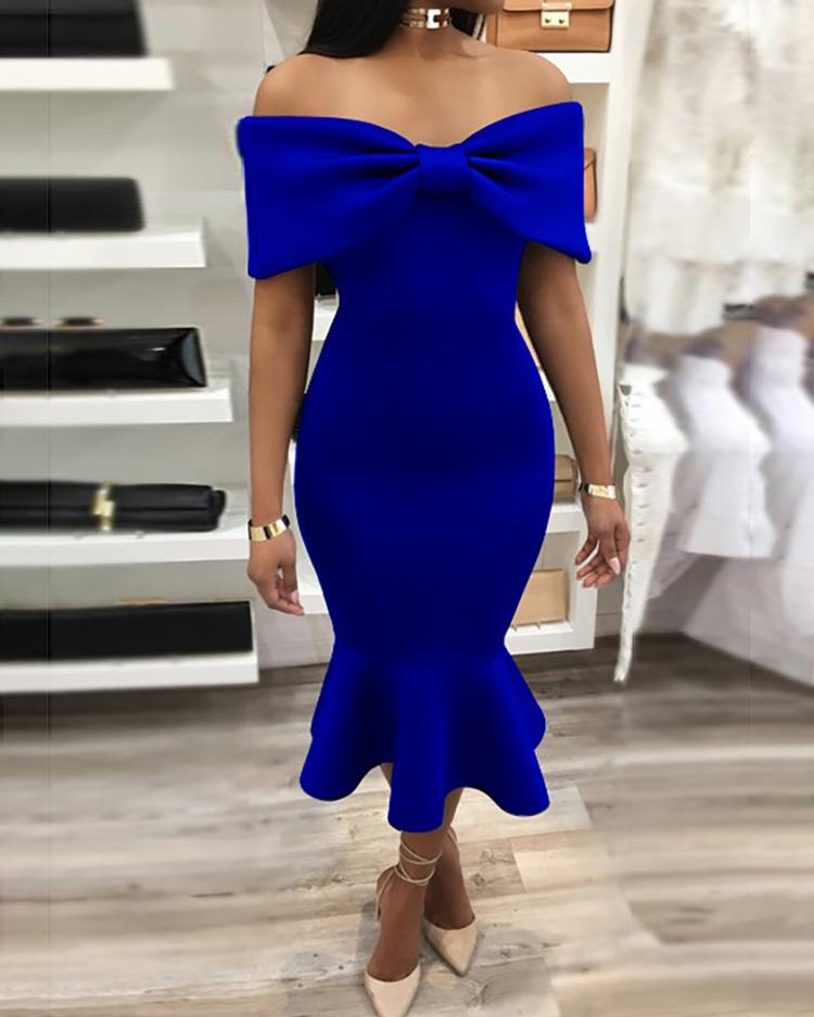 Off Shoulder Ruffles Hem Bowknot Bodycon Dress