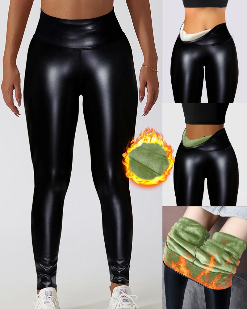 PU Leather High Waist Thermal Warm Fleece Lined Leggings