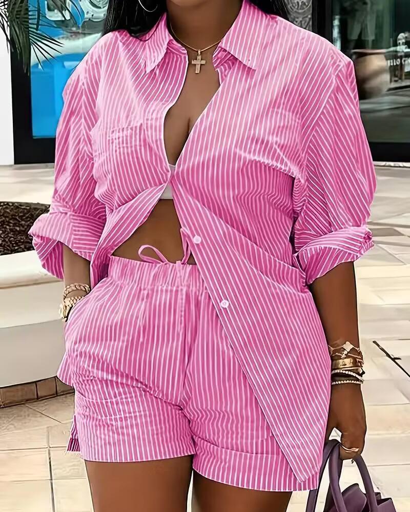 Striped Buttoned Shirt & Shorts Set