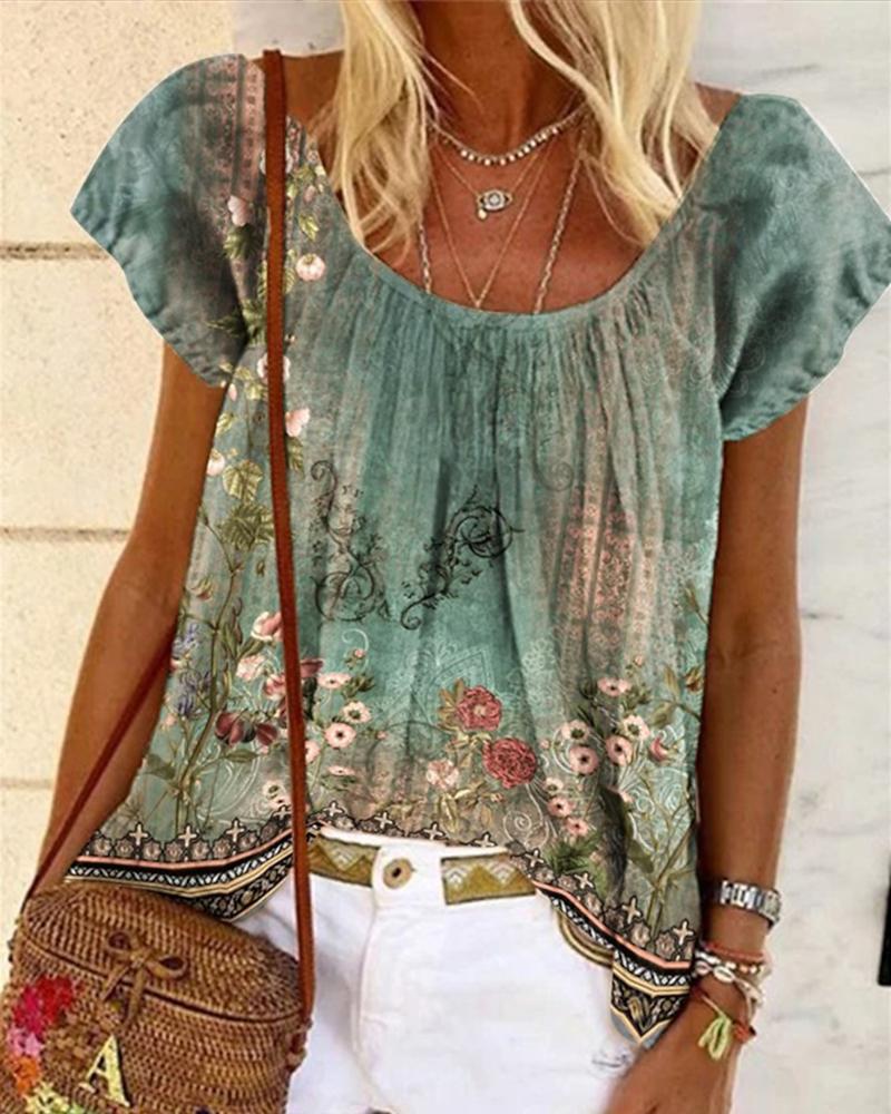 Floral Tribal Print Scoop Neck T-Shirt