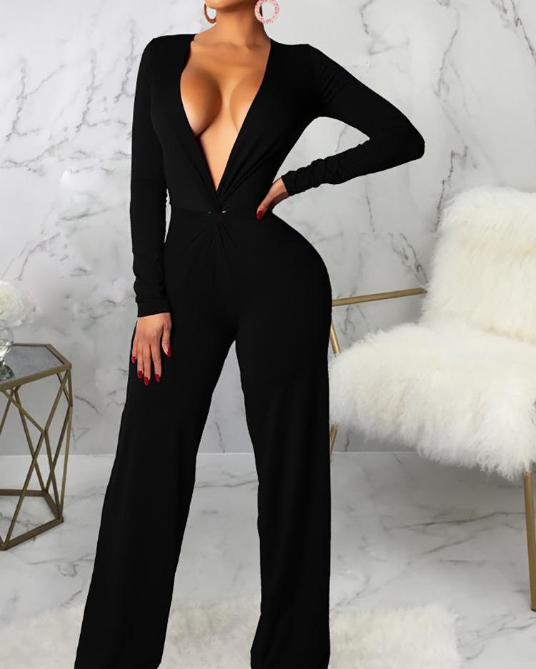 Deep V-Neck Ruched Deign Jumpsuit