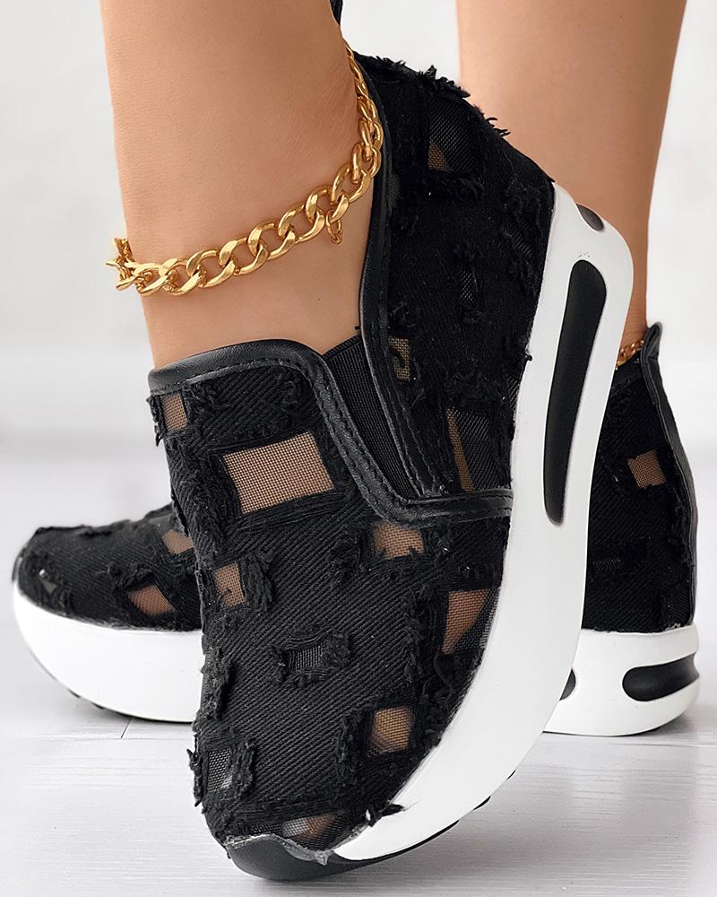 Mesh Patch Denim Raw Hem Muffin Sneakers