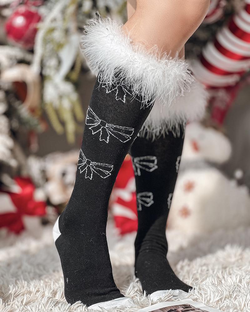 1Pair Bowknot Decor Feather Detail Socks