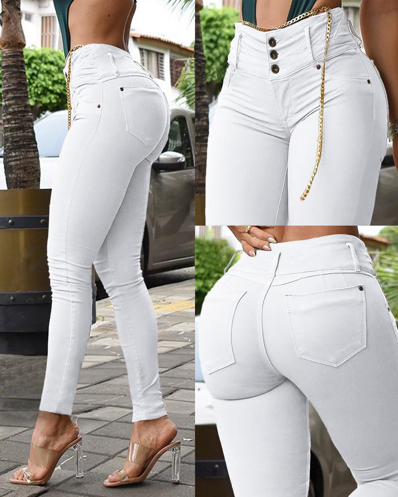 High Waist Pocket Design Skinny Pants