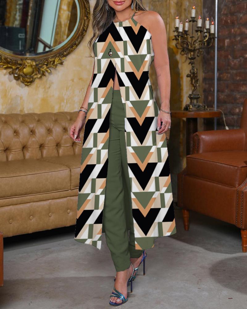 Geometric Print High Slit Longline Top & Pants Set