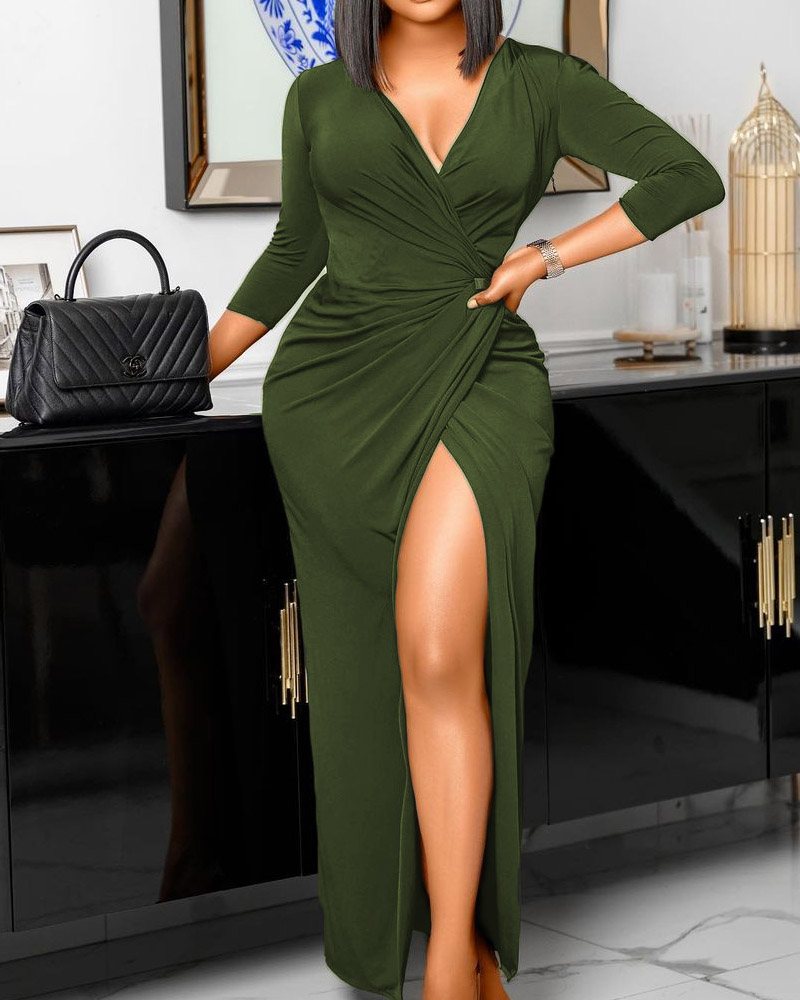Long Sleeve High Slit Wrap Maxi Dress