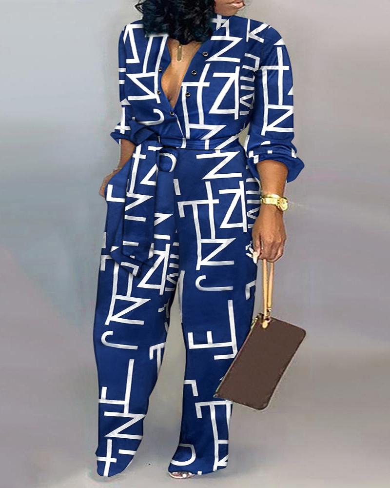 Plus Size Letter Print Long Sleeve Belted Jumpsuit