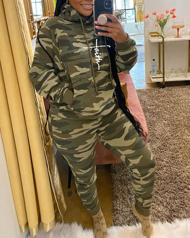 Camouflage Letter Print Hooded Top& Pants Set