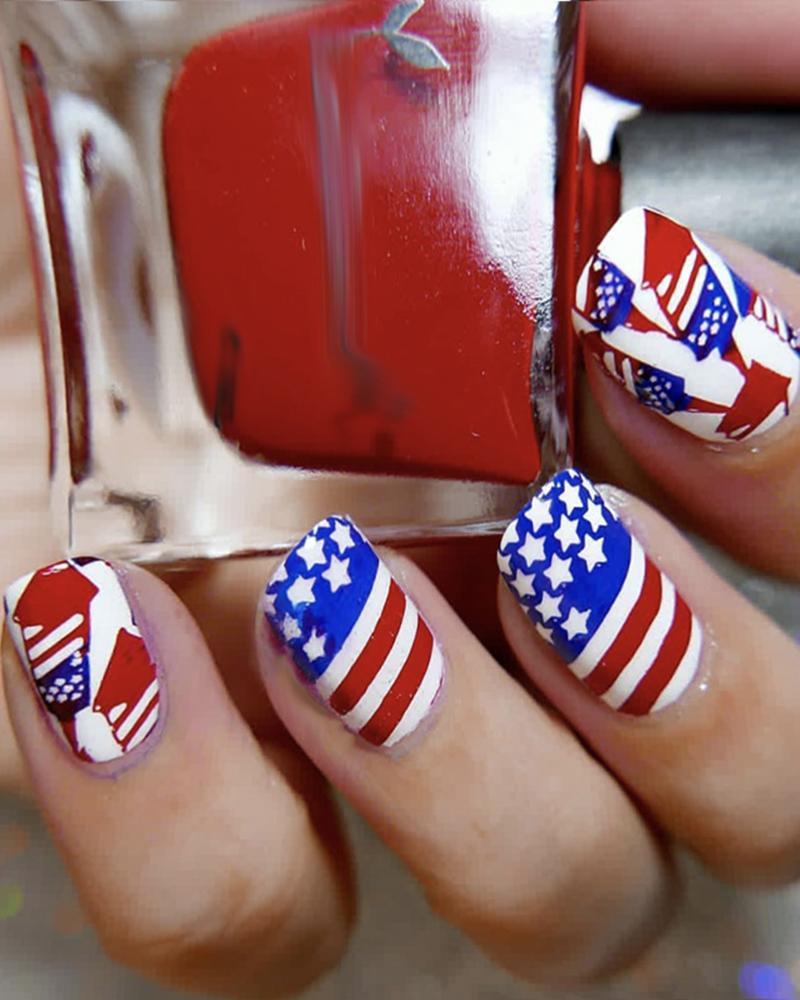 24pcs Independence Day Flag Design Press On Fake Short Square Matte Nails Set