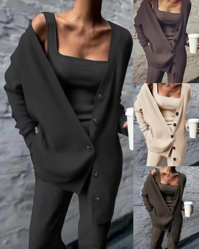 Tank Top & Pants Set With Buttoned Cardigan