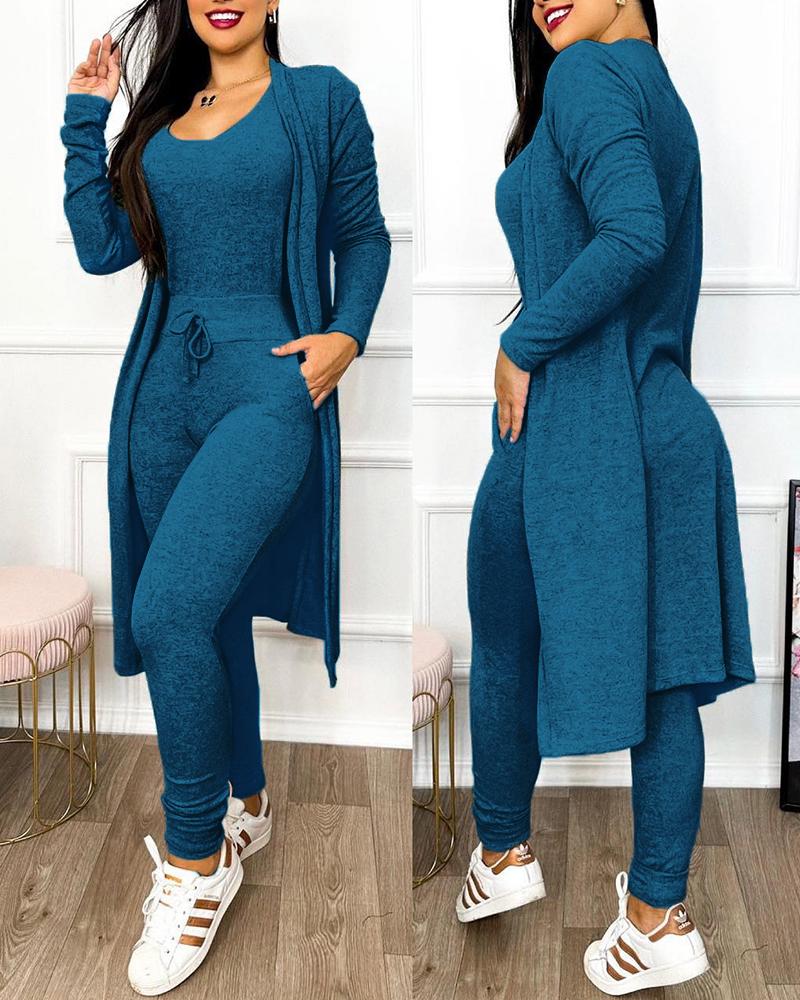 Drawstring Pocket Design Jumpsuit & Coat Set