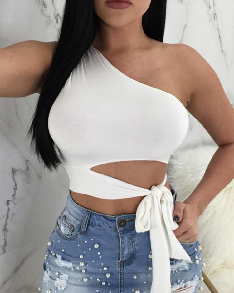 One Shoulder Tied Detail Cutout Crop Top