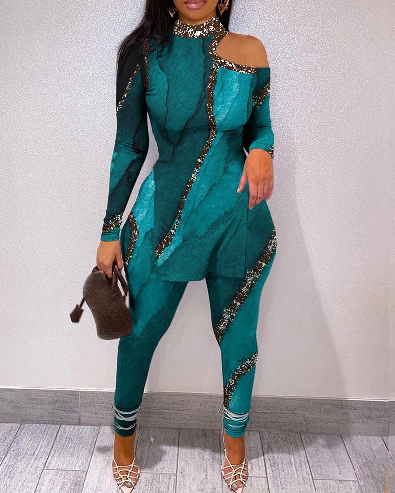 Marble Print Split Hem Cold Shoulder Top & Pants Set