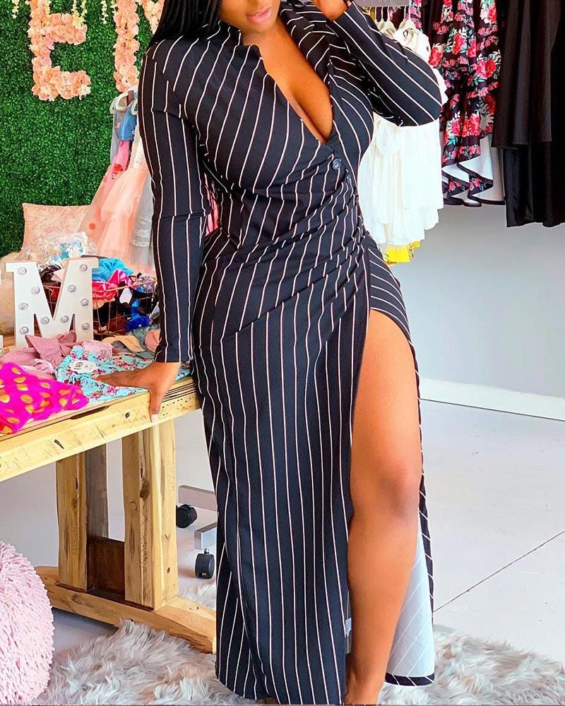 Striped Button Decor Split Thigh Maxi Dress