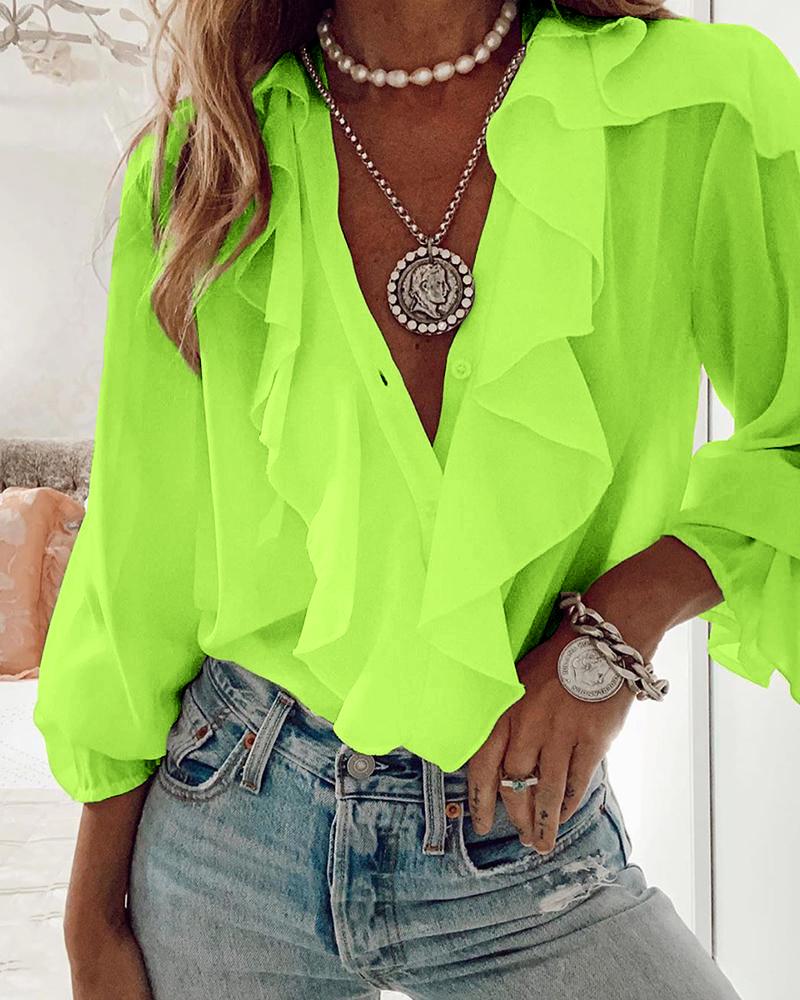 Ruffles Button Design Long Sleeve Top