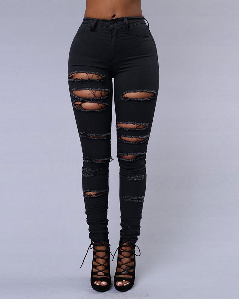   ChicMe Zipper Fly Ladder Cutout Ripped Skinny Jeans