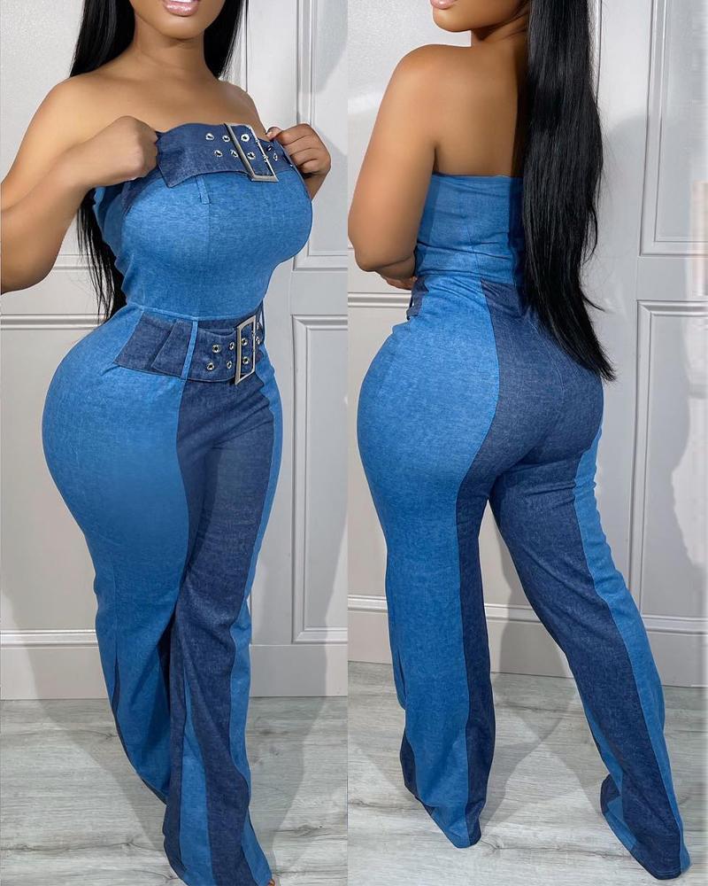 Denim Look Print Bandeau Buckled Eyelet Jumpsuit