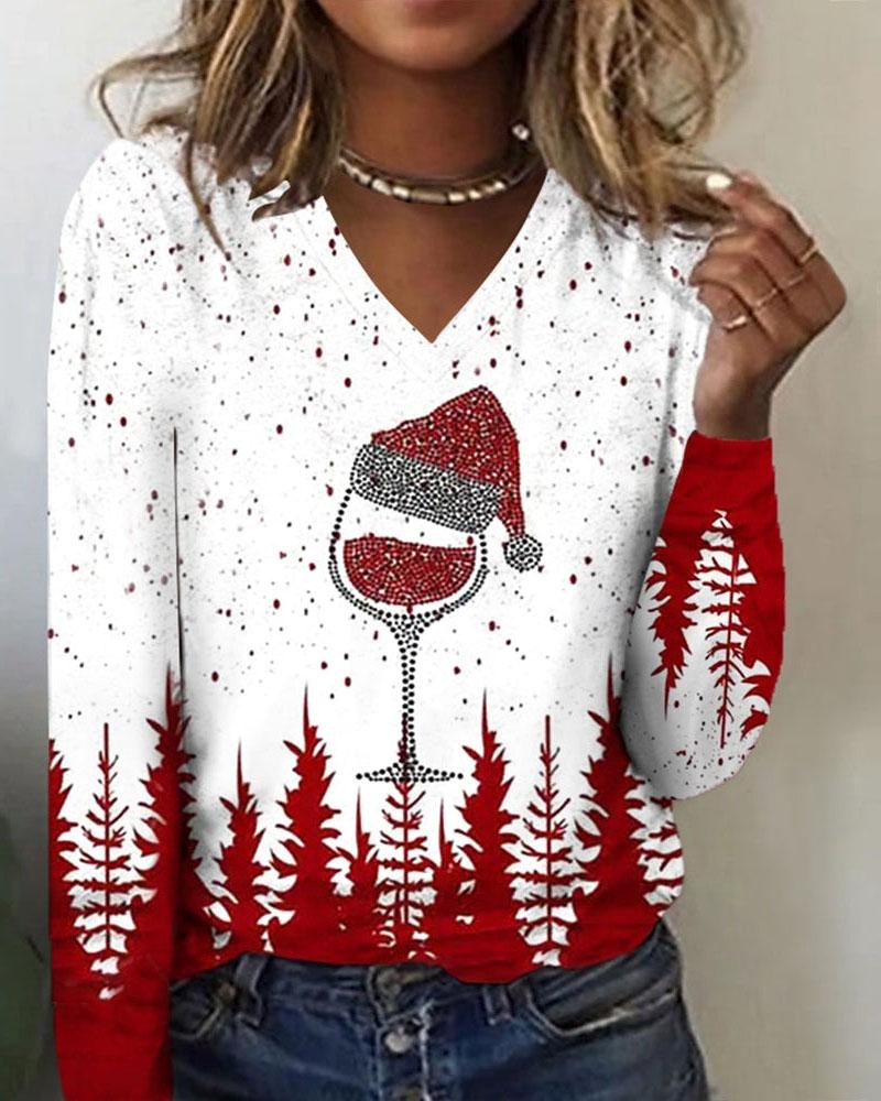 Christmas Tree Wine Glass Print Long Sleeve Top