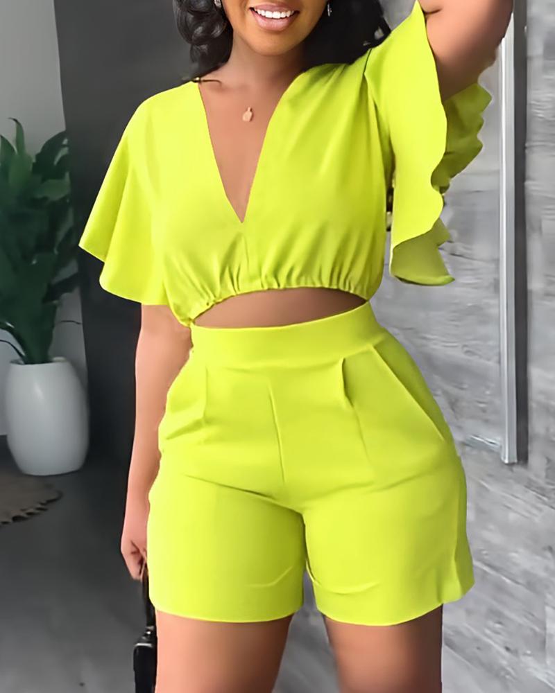 V-Neck Flutter Sleeve Crop Top & Shorts Set