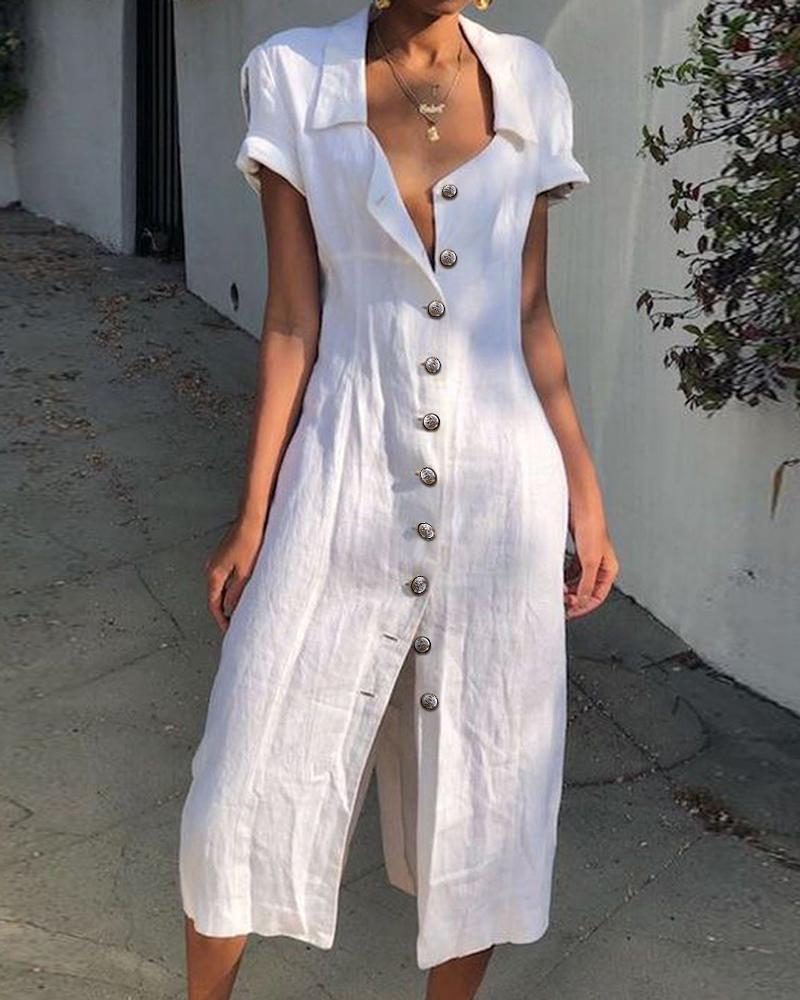 Button Front Short Sleeve Casual Dress