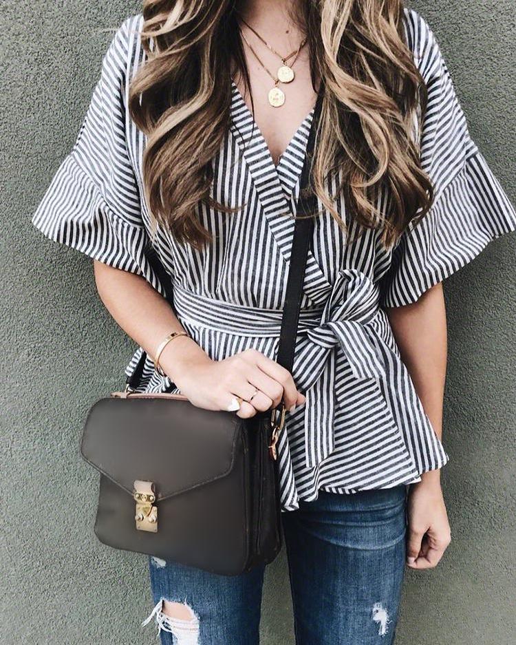 Striped Flared Sleeve Tied Waist Peplum Blouse