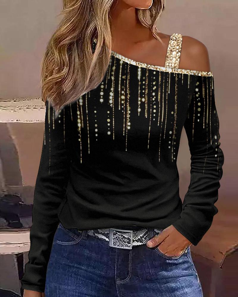 Cold Shoulder Long Sleeve Print Top