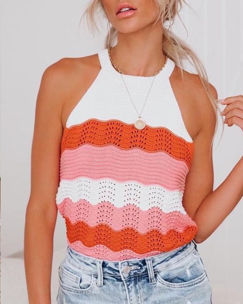 Colorblock Sleeveless Halter Knit Tank Top