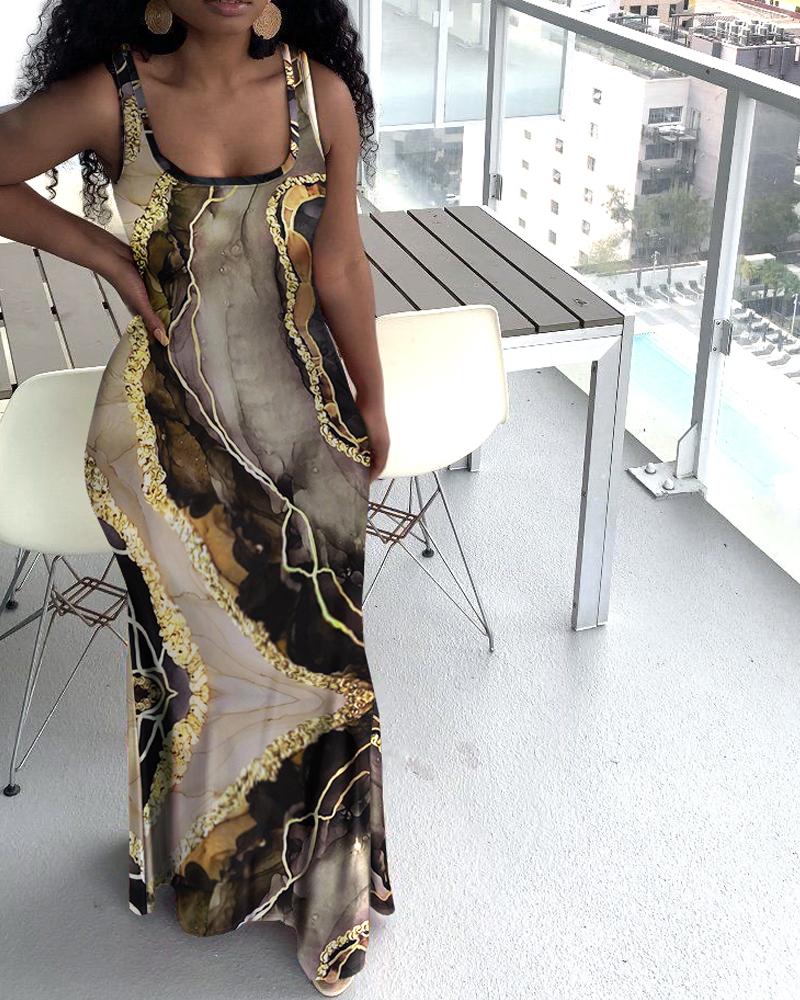 Marble Print U-Neck Maxi Dress