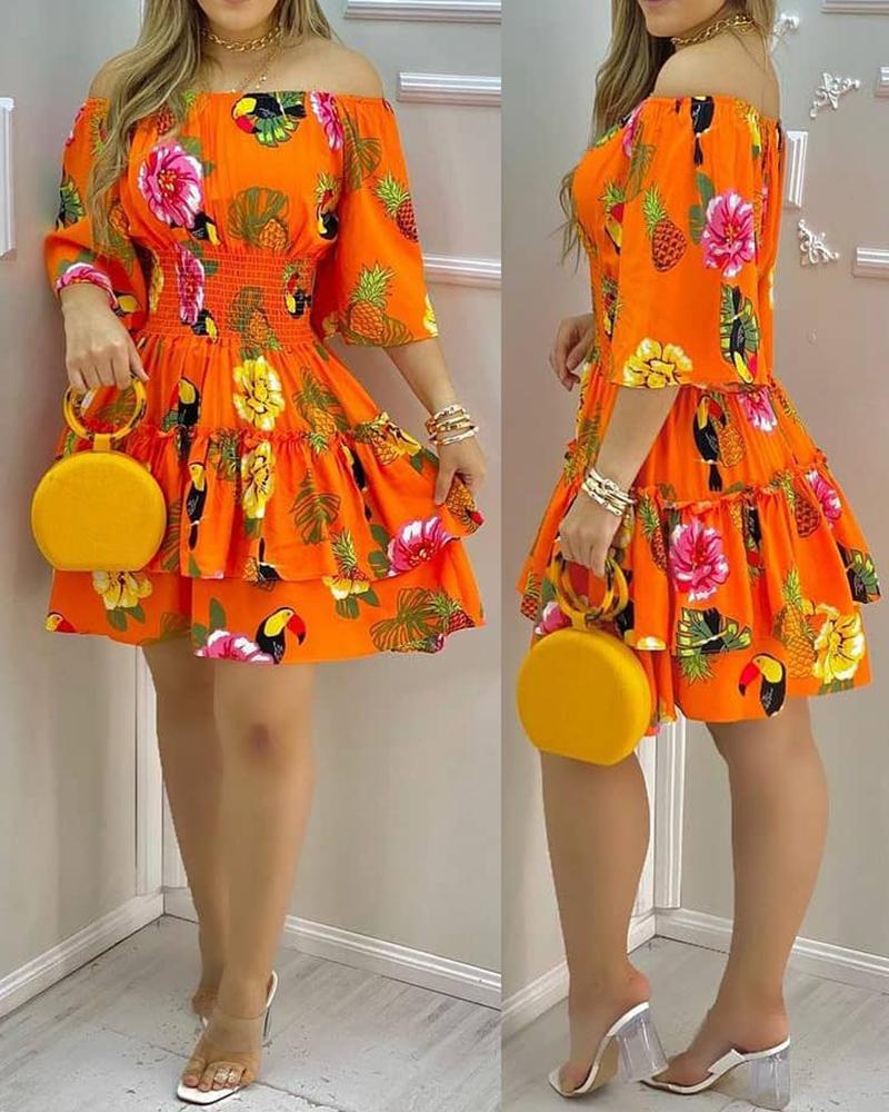 Tropical Print Off Shoulder Casual Dress