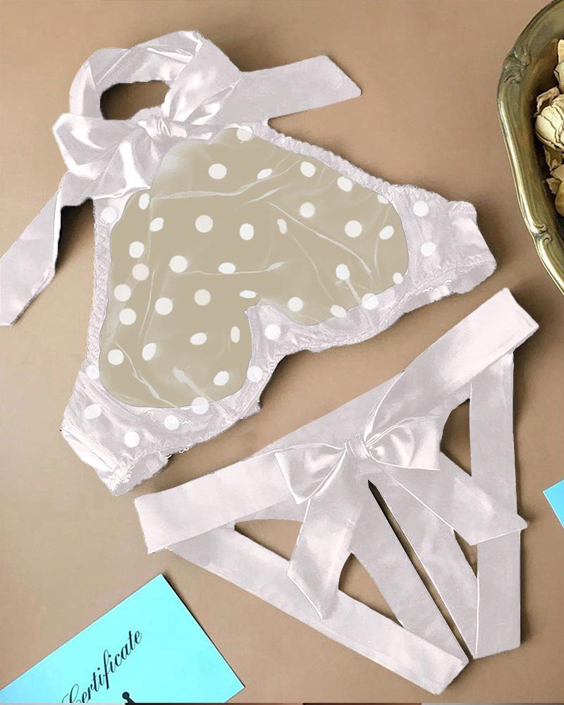 Dot Mesh Bowknot Cutout Crotchless Lingerie Set