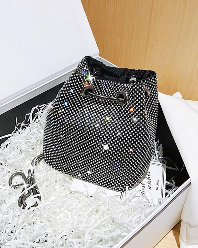 Allover Rhinestone Chain Bucket Evening Bag