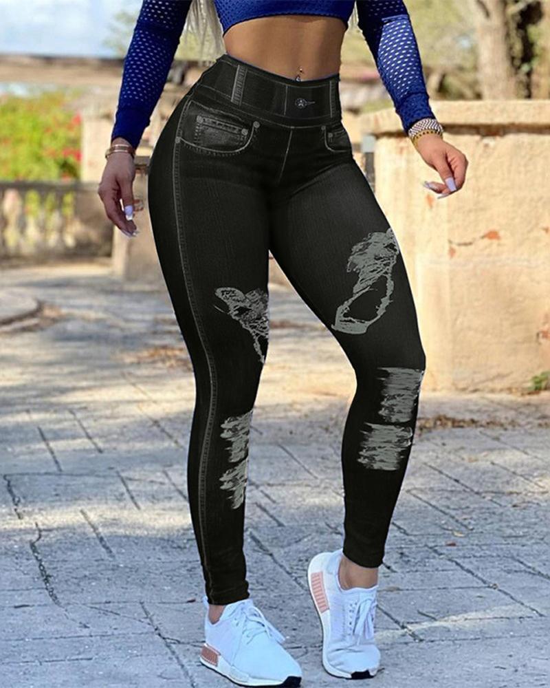 Women's Leggings Faux Denim Printed High Waist Butt Lift Active Pants