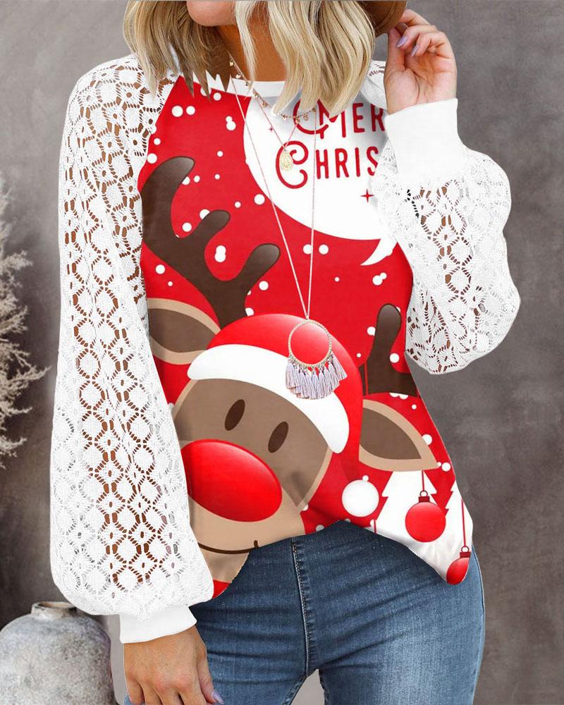 Christmas Elk Print Contrast Lace Lantern Sleeve Top