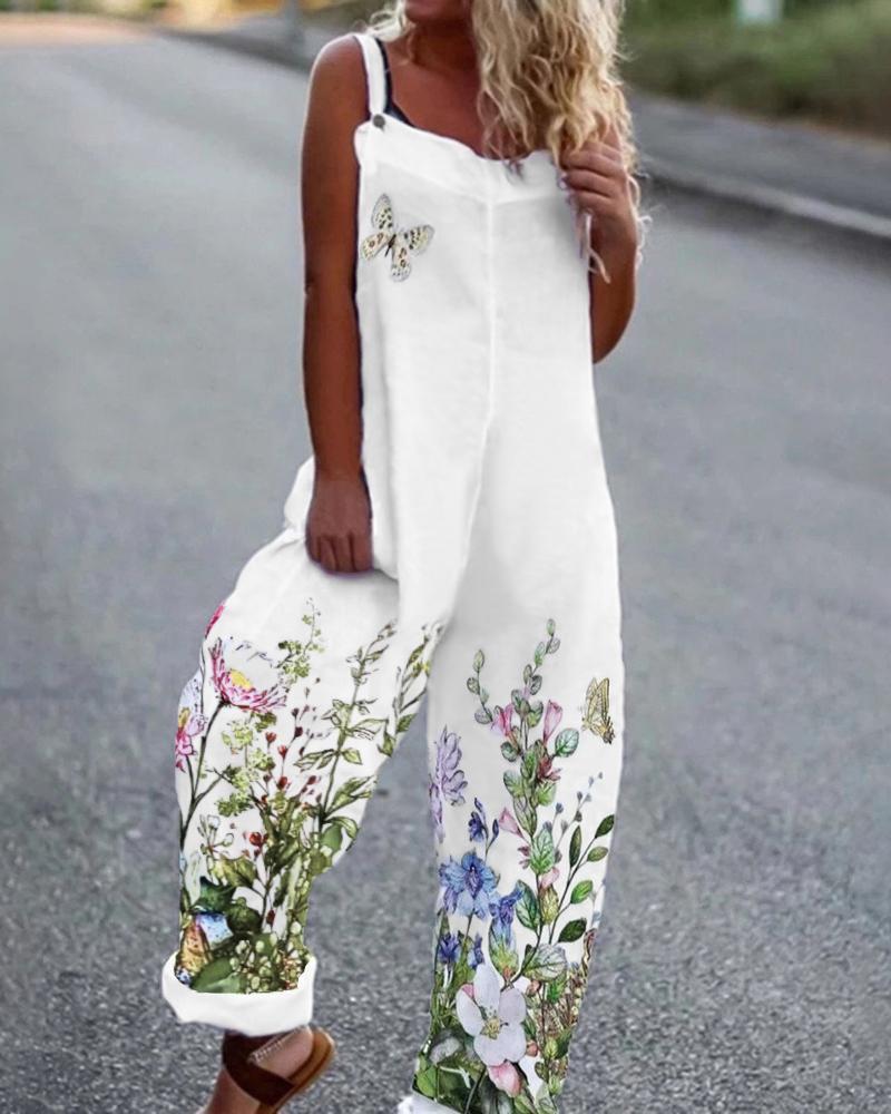 Floral Butterfly Print Csual Suspender Jumpsuit