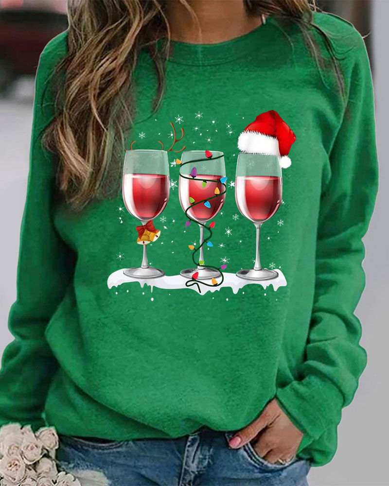 Christmas Hat Wine Glass Print Long Sleeve Top