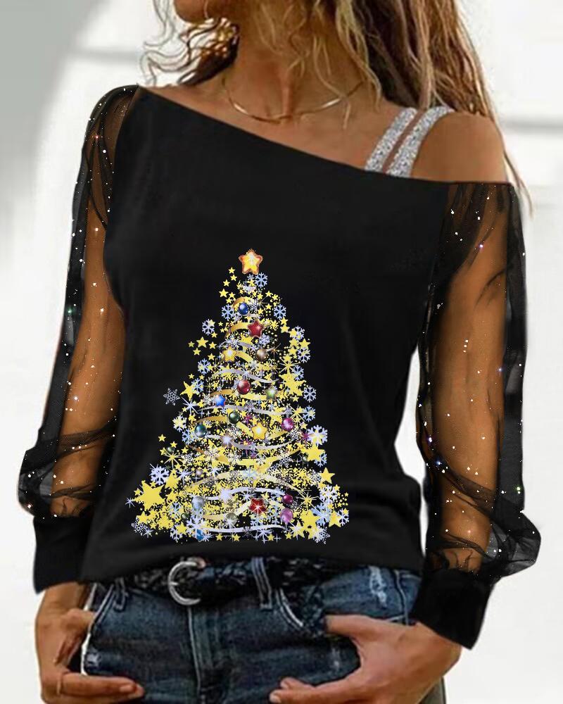 Christmas Tree Print Contrast Mesh Cold Shoulder Top