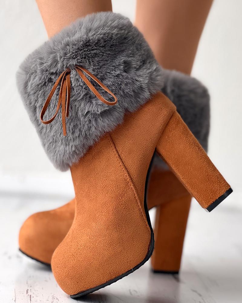 Fuzzy Detail Chunky Heel Boots