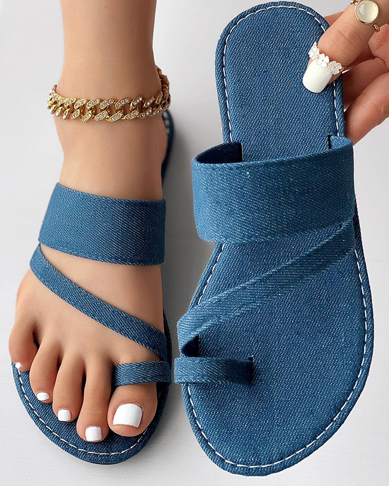 Denim Look Print Toe Ring Summer Beach Flip Flops