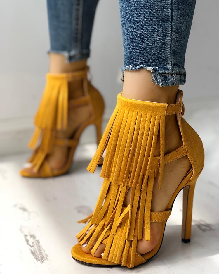 Heeled-Sandals Fashion Solid Tassel High Heel Sandals