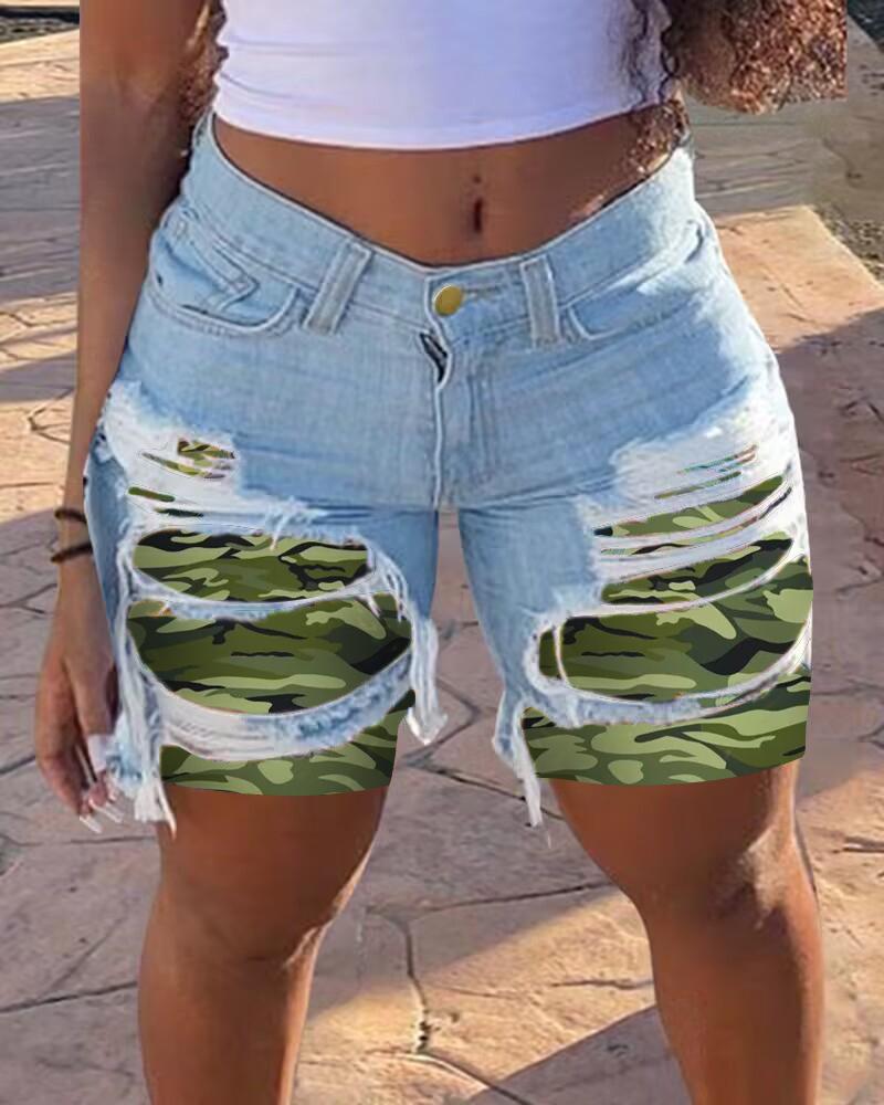 Camouflage Print Ripped Raw Hem Denim Shorts