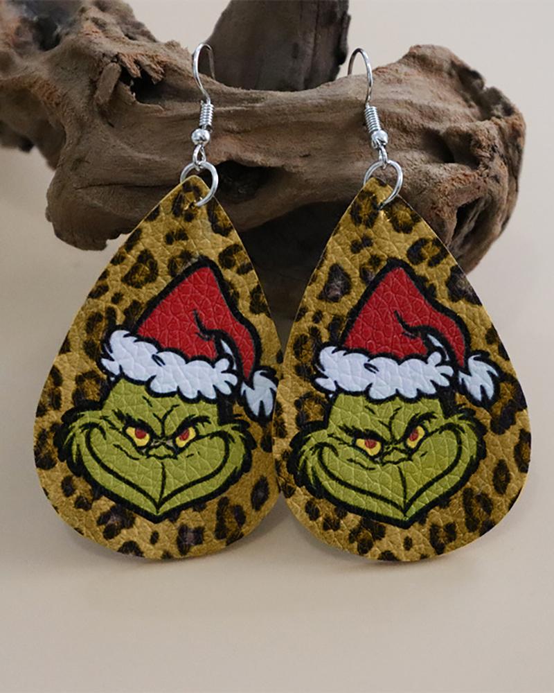 Christmas Graphices & Leopard Print PU Leather Drop Earrings