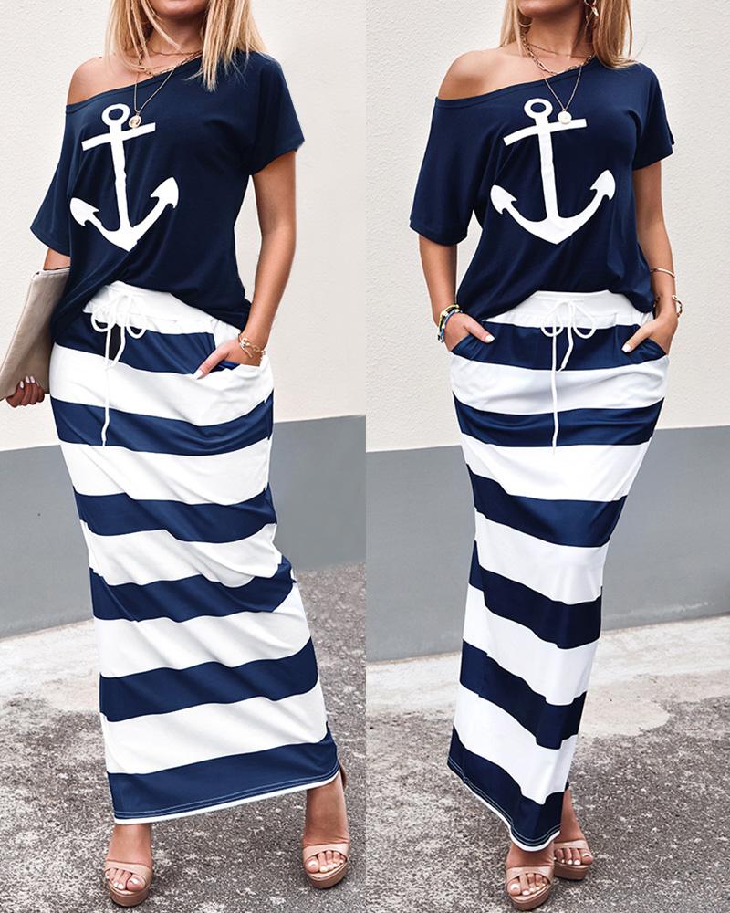 Boat Anchor Print T-Shirt & Striped Drawstring Skirt Set