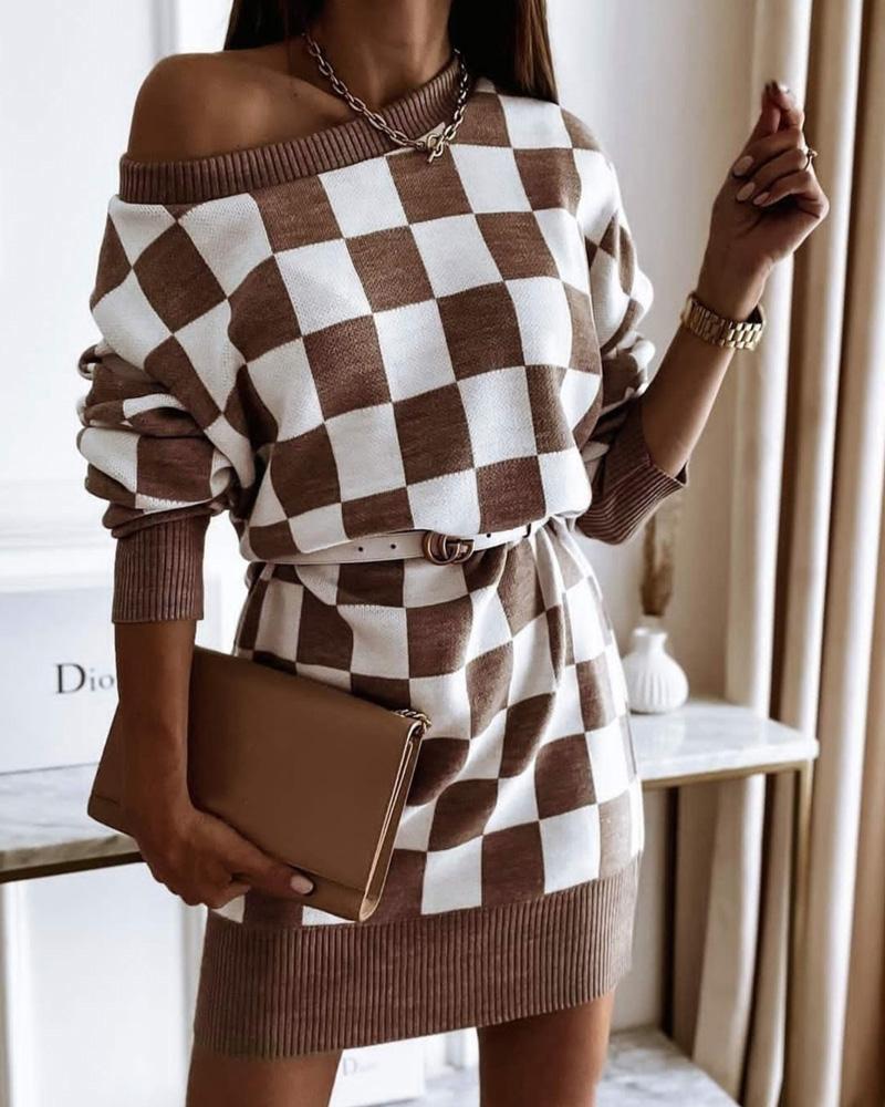 Gingham Long Sleeve Knit Sweater Dress