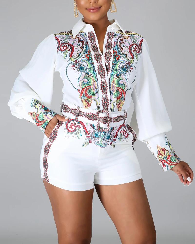 Tribal Print Long Sleeve Button Down Shirt & Shorts Set