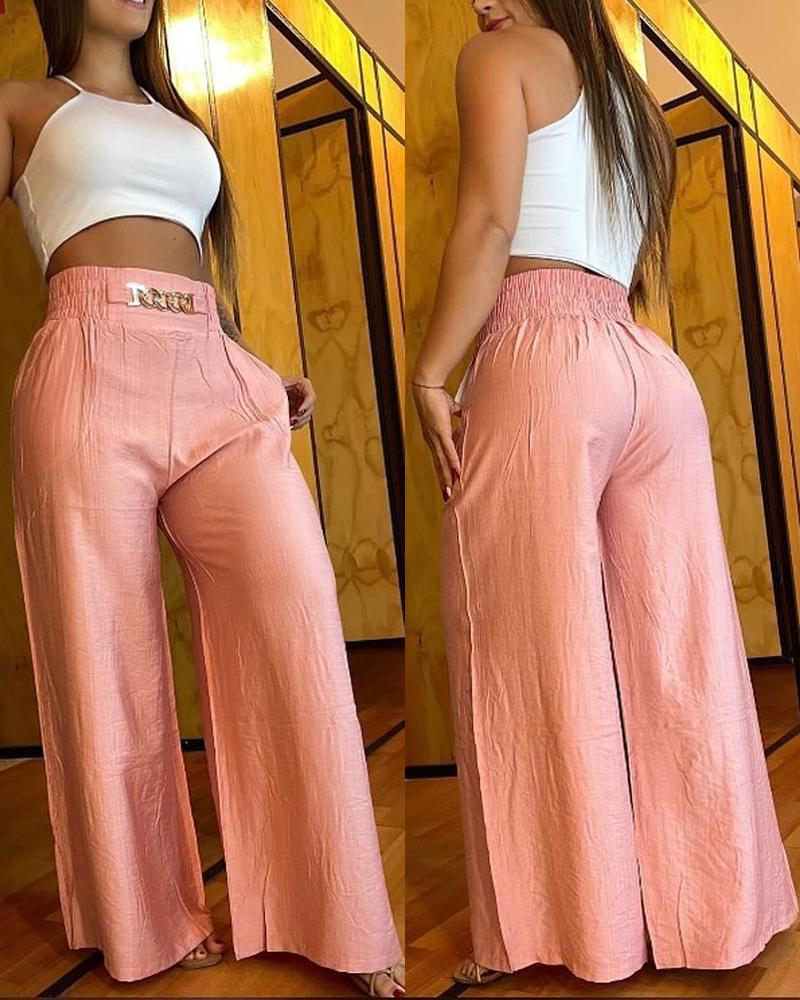 Chain Decor High Waist Wide Leg Pants