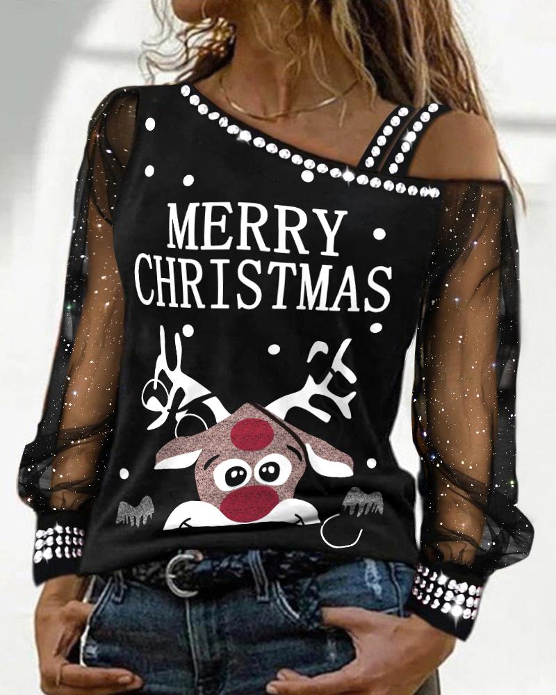 Christmas Elk Print Contrast Mesh Cold Shoulder Top
