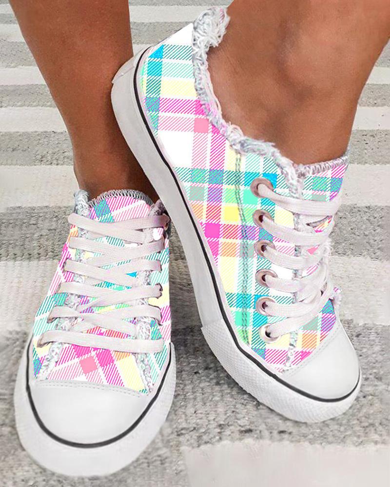 Easter Plaid Print Lace-up Fringe Hem Canvas Sneakers