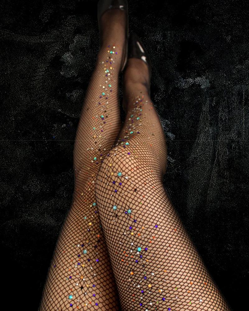  Rhinestone Decor Fisnet Design Tights Stockings