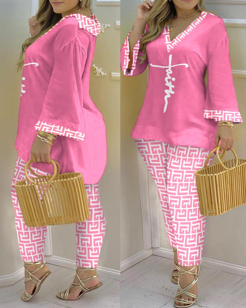 Plus Size Faith Geometric Print Bell Sleeve Top & Pants Set