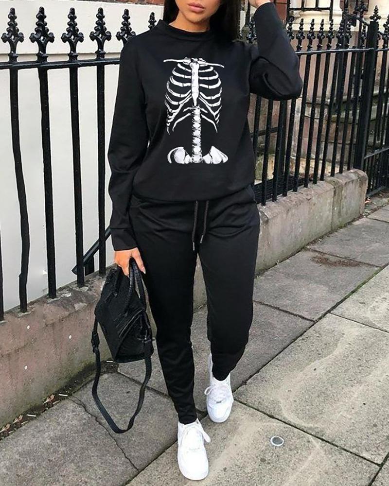 Skeleton Print Sweatshirt & Drawstring Pocket Design Pants Set